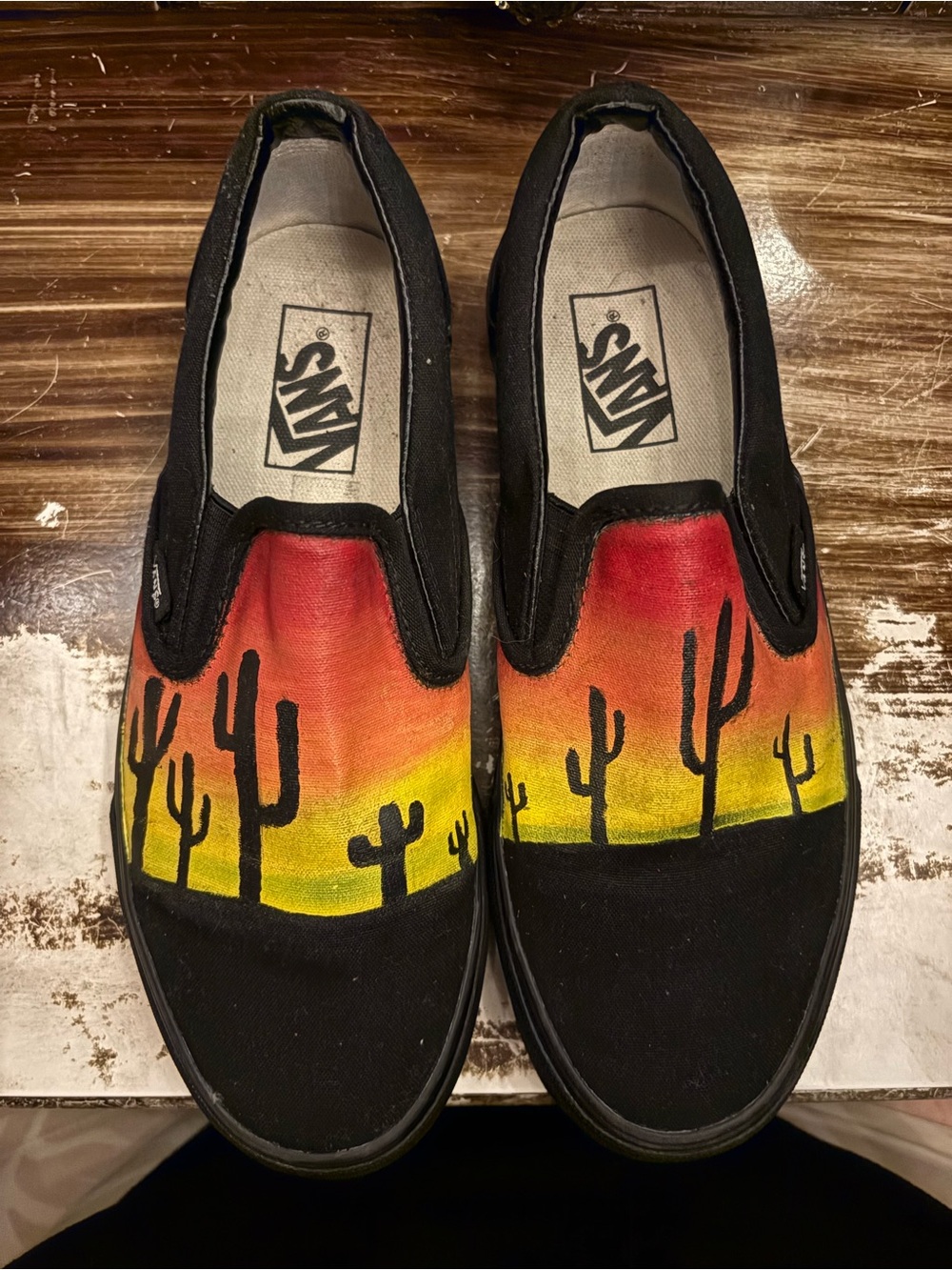 Vans Slip-On Sneakers with Sunset Cactus Artwork - Black/Red/Yellow